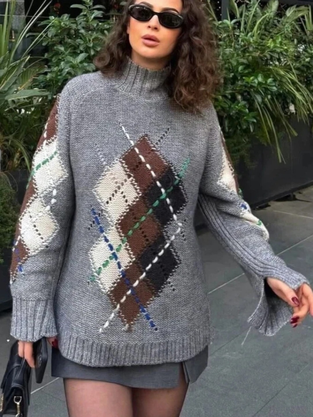 Zara Grey Marl Alpaca Wool High Neck Argyle Sweater Size L